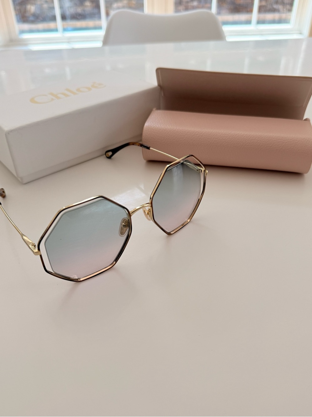 Chloe Octagon Geometric Gold Gradient Sunglasses with Original Box & Case - Picture 3 of 16